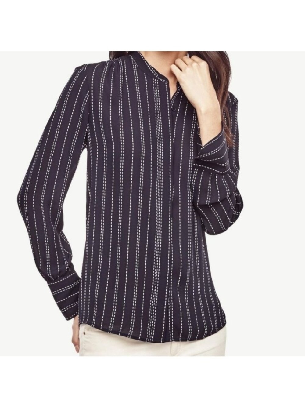 Loft Blouse Top Womens Size Medium Navy Vertical Striped Long Sleeves